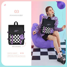 Large Capacity Flip Girl's School Backpack Black And White Checkerboard Bag and Change purse