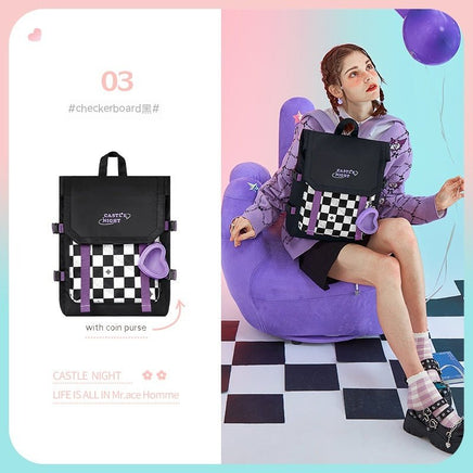 Large Capacity Flip Girl's School Backpack Black And White Checkerboard Bag and Change purse