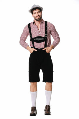 Men's German Traditional Festival Costume Plaid Shirt with Bib Hat 82342 Black