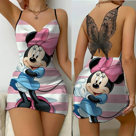 Mickey Backless Dress Satin Surface Bow Knot Minnie Mouse Pajama Skirt Womens Fashion 7