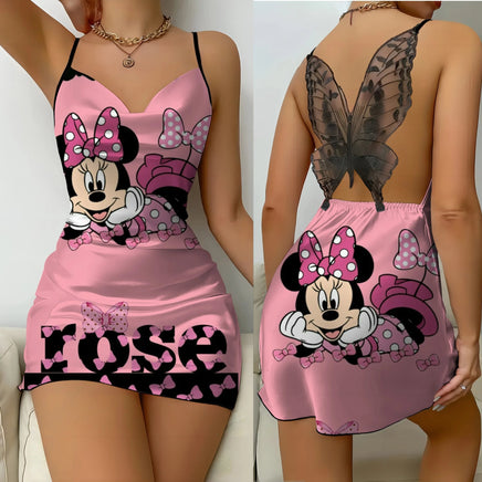 Mickey Backless Dress Satin Surface Bow Knot Minnie Mouse Pajama Skirt Womens Fashion 10