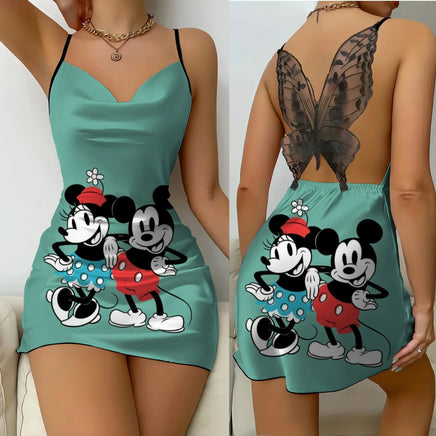 Mickey Backless Dress Satin Surface Bow Knot Minnie Mouse Pajama Skirt Womens Fashion 5