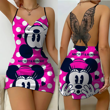 Mickey Backless Dress Satin Surface Bow Knot Minnie Mouse Pajama Skirt Womens Fashion 8