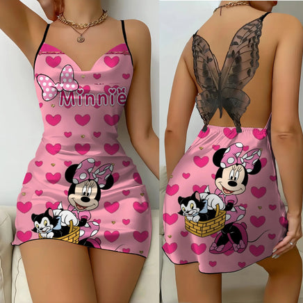 Mickey Backless Dress Satin Surface Bow Knot Minnie Mouse Pajama Skirt Womens Fashion 9