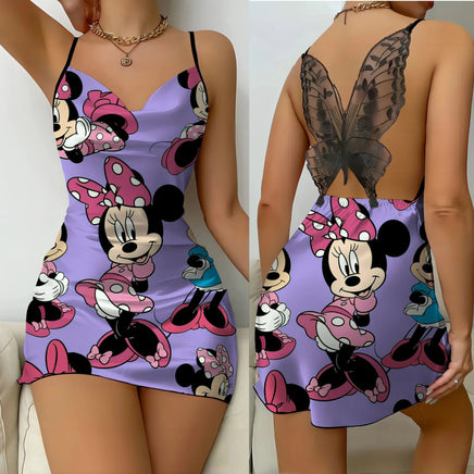 Mickey Backless Dress Satin Surface Bow Knot Minnie Mouse Pajama Skirt Womens Fashion 4