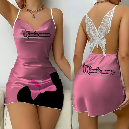 Minnie Mouse Backless Dress Bow Knot Womens Dresses Satin Surface Mickey Pajama Skirt Fashion 4