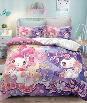 My Melody Kuromi Duvet Cover Set Kids Teen Gift Room Decor Bedding Set Bedspread and 2 Pillow Cases - Lusy Store LLC