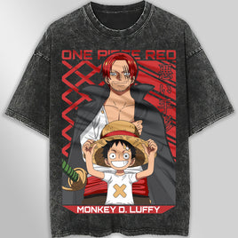 One piece tee shirt - Luffy and Shanks graphic tees vintage t shirt - Streetwear unisex gray t shirt Dark Gray