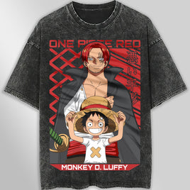 One piece tee shirt - Luffy and Shanks graphic tees vintage t shirt - Streetwear unisex gray t shirt - Lusy Store LLC
