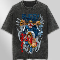 One piece tee shirt - Luffy Buggy graphic tees vintage t shirt - Streetwear unisex gray t shirt Dark Gray