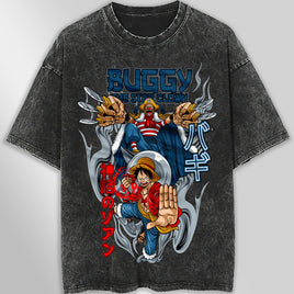 One piece tee shirt - Luffy Buggy graphic tees vintage t shirt - Streetwear unisex gray t shirt Dark Gray