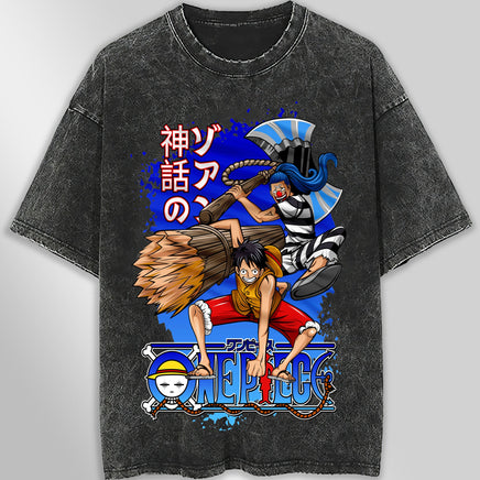 One piece tee shirt - Luffy Buggy graphic tees vintage t shirt - Streetwear unisex gray t shirt Dark Gray
