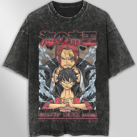 One piece tee shirt - Luffy Shanks graphic tees vintage t shirt - Streetwear unisex gray t shirt Dark Gray