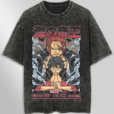 One piece tee shirt - Luffy Shanks graphic tees vintage t shirt - Streetwear unisex gray t shirt - Lusy Store LLC