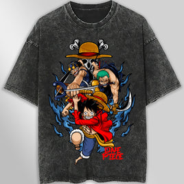 One piece tee shirt - Luffy Zoro graphic tees vintage t shirt - Streetwear unisex gray t shirt Dark Gray