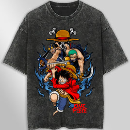 One piece tee shirt - Luffy Zoro graphic tees vintage t shirt - Streetwear unisex gray t shirt - Lusy Store LLC