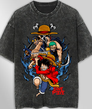 One piece tee shirt - Luffy Zoro graphic tees vintage t shirt - Streetwear unisex gray t shirt - Lusy Store LLC