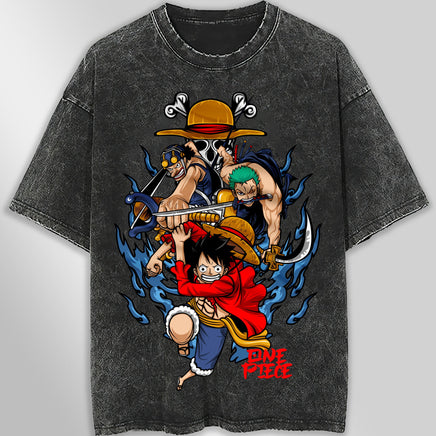 One piece tee shirt - Luffy Zoro graphic tees vintage t shirt - Streetwear unisex gray t shirt - Lusy Store LLC