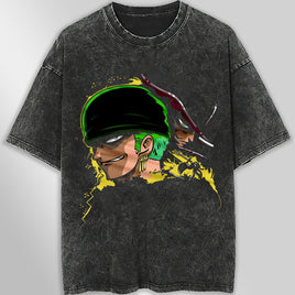 One piece tee shirt - Vintage t shirt Zoro loose tops tees - Unisex streetwear graphic tees Dark Gray