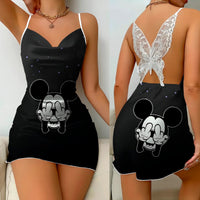 Pajama Skirt Bow Knot Party Dresses Satin Surface Minnie Mouse Womens Fashion Elegant Women Black 1