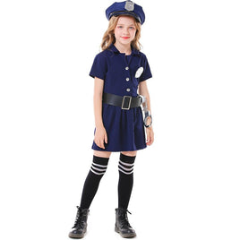 Parent-child Halloween Cop Costume - Blue Button-Up Policewoman Dress Dark Blue