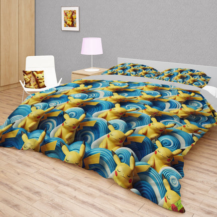 Pokemon Bedding 3D Pikachu Cute Sleep Wave Bed Linen For Bedroom - Bedding Set & Quilt Set - Lusy Store LLC