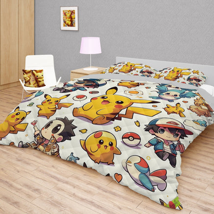 Pokemon Bedding Funny Cartoon Graphics Pikachu Bed Linen For Bedroom - Bedding Set & Quilt Set - Lusy Store LLC