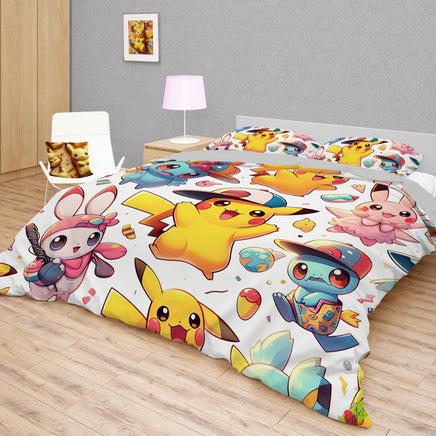 Pokemon Bedding Funny Cartoon Graphics Pikachu Bed Linen For Bedroom - Bedding Set & Quilt Set - Lusy Store LLC