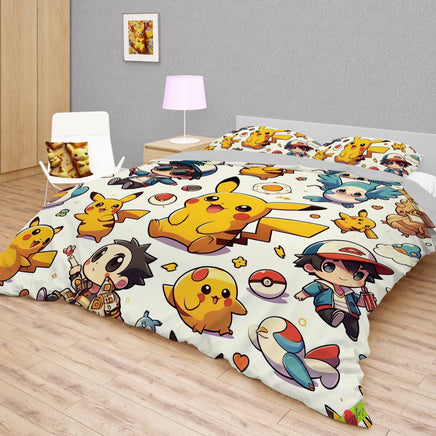 Pokemon Bedding Funny Cartoon Graphics Pikachu Bed Linen For Bedroom - Bedding Set & Quilt Set - Lusy Store LLC