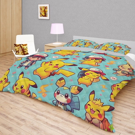 Pokemon Bedding Funny Cartoon Graphics Pikachu Bed Linen For Bedroom - Bedding Set & Quilt Set - Lusy Store LLC