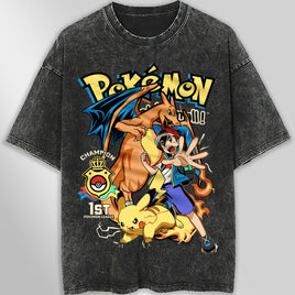 Pokemon tee shirt - Streetwear vintage t shirt - Unisex hip hop loose tops tees Dark Gray