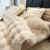 Premium Four-piece Milky Fiber Thermal Coral Fleece Plush Set White Plus Coffee