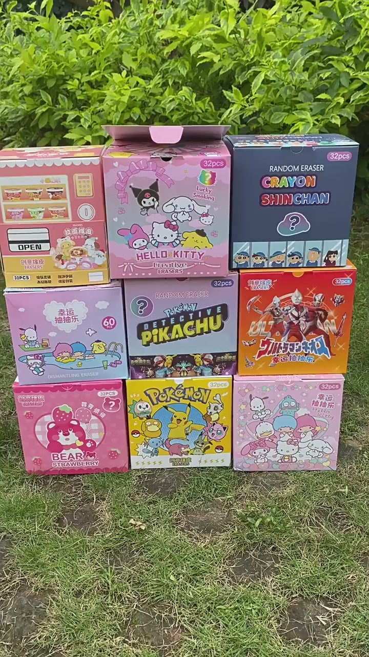 Lusy Store LLC Pokemon Anime Hello Kitty Crayon Pikachu Figure Diy Cartoon Pencil Eraser 32pcs/Set Stationery Kids Gift Figure