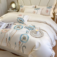 Pure Cotton Embroidered Bed Sheet Duvet Cover Set - Long-staple Cotton, Four-piece Milkshake White