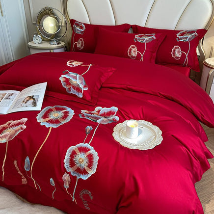Pure Cotton Embroidered Bed Sheet Duvet Cover Set - Long-staple Cotton, Four-piece Bright Red