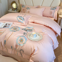 Pure Cotton Embroidered Bed Sheet Duvet Cover Set - Long-staple Cotton, Four-piece Jade Pink