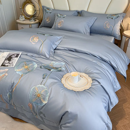 Pure Cotton Embroidered Bed Sheet Duvet Cover Set - Long-staple Cotton, Four-piece Sky Blue