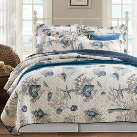 Pure Cotton Summer Cooling Duvet Bedspread Set - Breathable and Airable Cover - Three-piece Set Dark Blue Conch Three Pieces