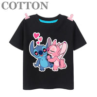 Stitch Anime Summer Cotton Kids T-shirt - Casual Short Sleeve, Round Neck 2023100803-Black
