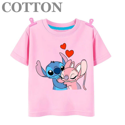 Stitch Anime Summer Cotton Kids T-shirt - Casual Short Sleeve, Round Neck 2023100805-Pink