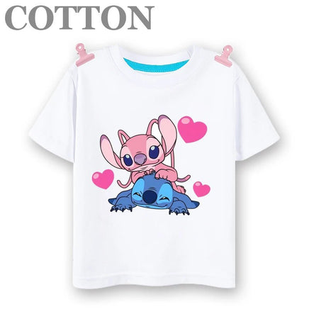 Stitch Anime Summer Cotton Kids T-shirt - Casual Short Sleeve, Round Neck 2023100801-White