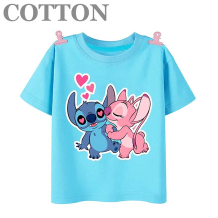 Stitch Anime Summer Cotton Kids T-shirt - Casual Short Sleeve, Round Neck 2023100803-Sky Blue