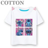 Stitch Anime Summer Cotton Kids T-shirt - Casual Short Sleeve, Round Neck 2023100804-White