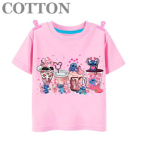 Stitch Anime Summer Cotton Kids T-shirt - Casual Short Sleeve, Round Neck 2023100802-Pink