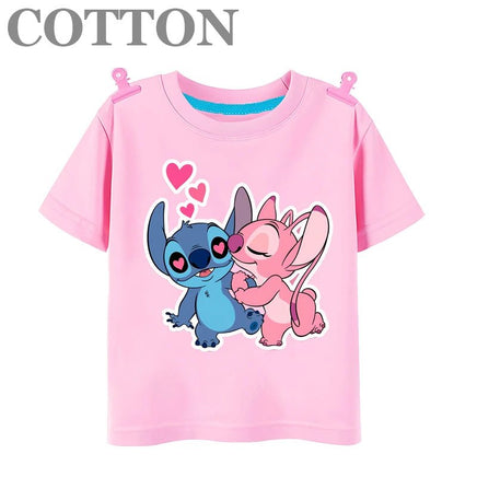 Stitch Anime Summer Cotton Kids T-shirt - Casual Short Sleeve, Round Neck 2023100803-Pink