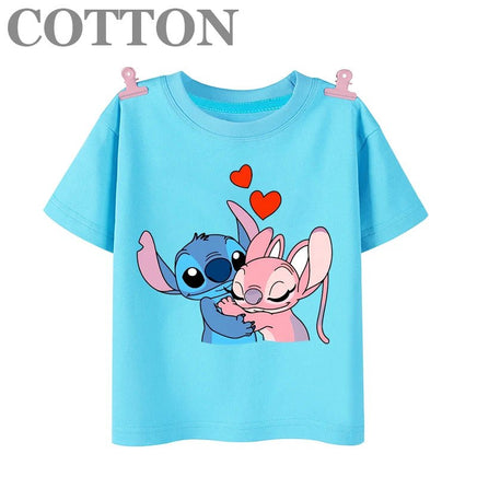 Stitch Anime Summer Cotton Kids T-shirt - Casual Short Sleeve, Round Neck 2023100805-Sky Blue
