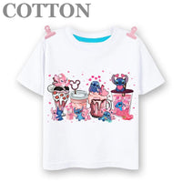 Stitch Anime Summer Cotton Kids T-shirt - Casual Short Sleeve, Round Neck 2023100802-White