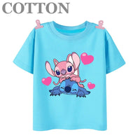 Stitch Anime Summer Cotton Kids T-shirt - Casual Short Sleeve, Round Neck 2023100801-Sky Blue