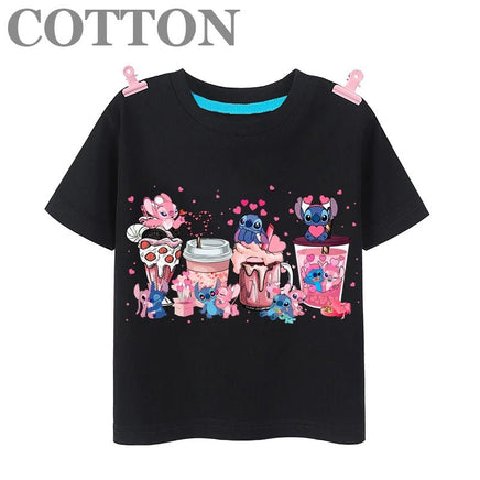 Stitch Anime Summer Cotton Kids T-shirt - Casual Short Sleeve, Round Neck 2023100802-Black