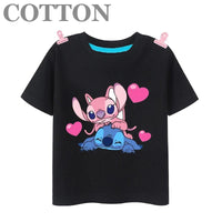Stitch Anime Summer Cotton Kids T-shirt - Casual Short Sleeve, Round Neck 2023100801-Black